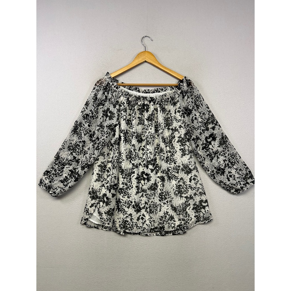 Floral Abstract Nine West Women Large White Black Off Shoulder Chiffon Blouse